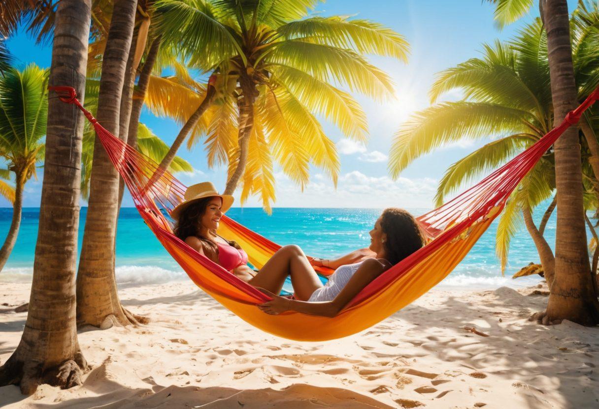 A vibrant beach scene depicting diverse couples joyfully swinging together in colorful hammocks, encapsulating the essence of adventure and connection. Surround them with lush tropical foliage and playful ocean waves to evoke a sense of freedom and exploration. Include elements like playful beach accessories and sun hats to emphasize a carefree lifestyle. Capture a bright, sunny atmosphere to reflect positivity and openness. super-realistic. vibrant colors. tropical vibes.