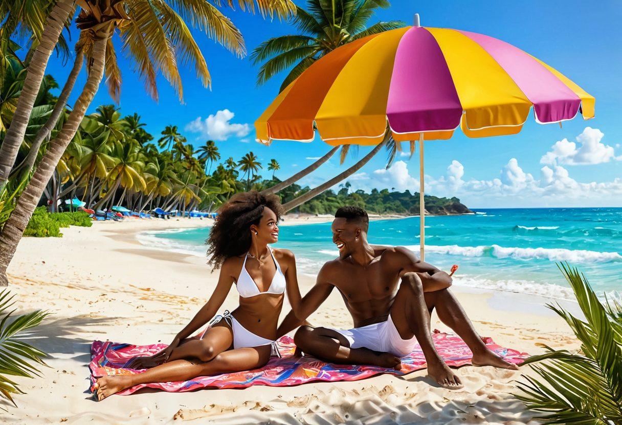A vibrant beach scene featuring a diverse couple happily engaging in a playful swap under the sun, surrounded by exotic palm trees and colorful beach umbrellas. The couple should be wearing stylish bikinis, showcasing joyful expressions and a sense of adventure. Background elements include other couples sharing laughs and exploring the shoreline, with sparkling waves lapping at their feet. Bright, tropical colors dominate the scene, evoking a fun and adventurous atmosphere. super-realistic. vibrant colors. white background.
