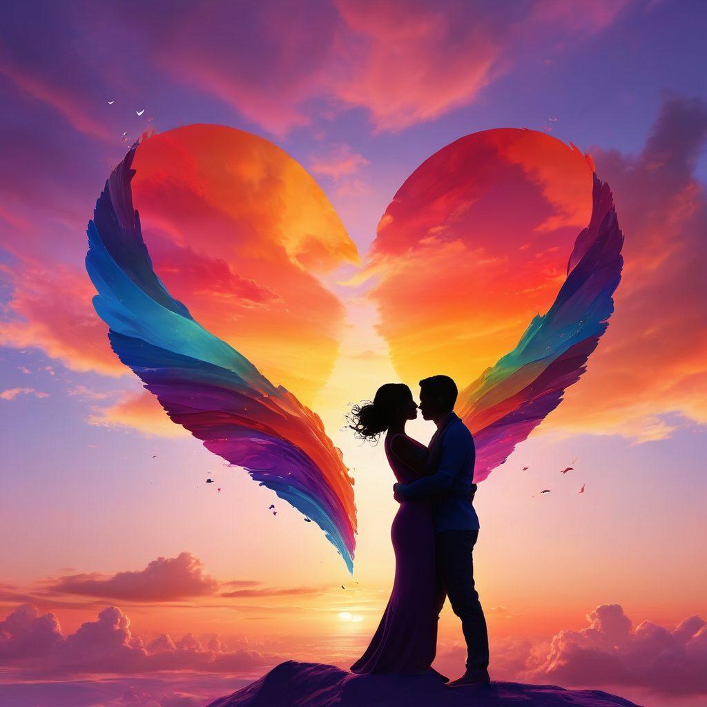 An abstract representation of two intertwined hearts soaring towards new horizons, surrounded by vibrant colors symbolizing freedom and connection. Include silhouettes of couples embracing, with subtle hints of diverse cultures and intimacy. A dreamy sky serves as a backdrop, blending warm and cool tones. super-realistic. vibrant colors. 3D.